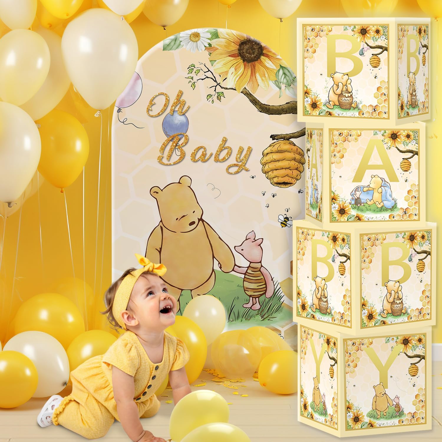 4 Pcs Bear Baby Boxes with Letters for Baby Shower Baby Shower Decorations Bear Box Blocks Gender Reveal Decorations (Yellow)
